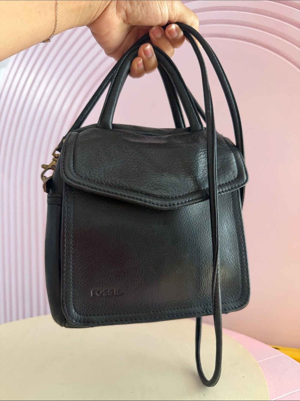 Fossil Black Pebbled Leather Mini Crossbody Satchel - Picture 4 of 12